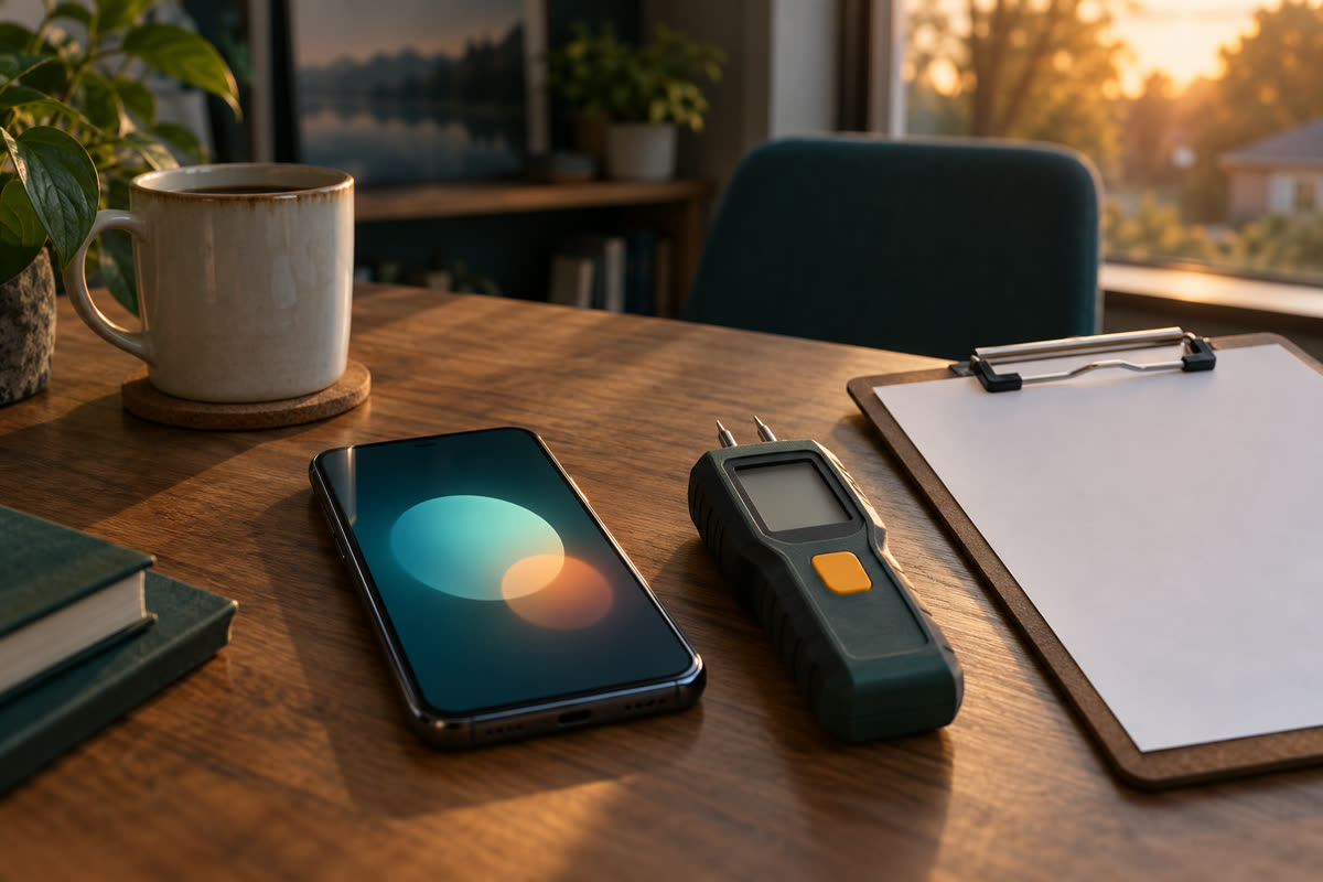Smartphone lighting up with an incoming call beside a moisture meter and inspection clipboard