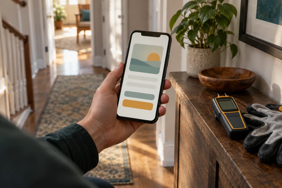 Hand holding a phone showing a landing page, with a moisture meter on a side table