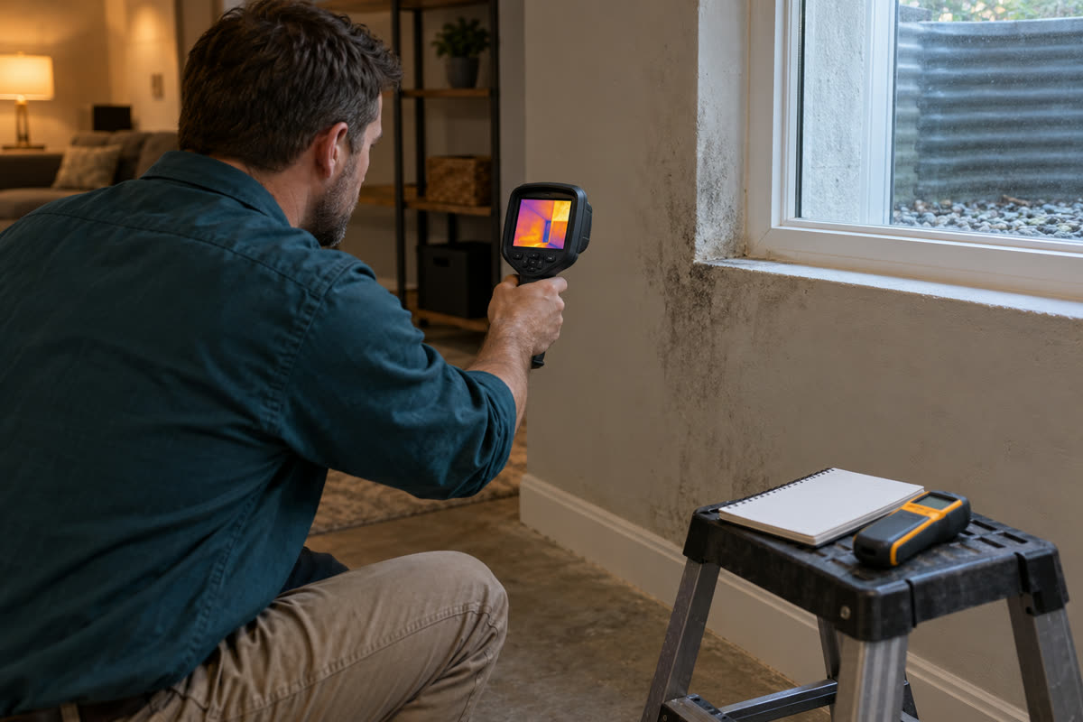 Mold inspector pointing a thermal camera at a basement wall