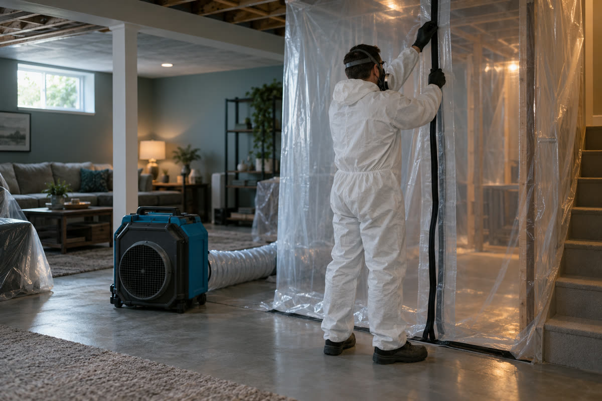Mold remediation technician in protective gear setting up plastic containment in a basement