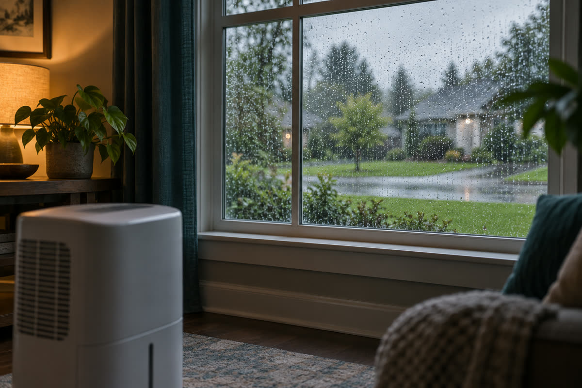 Rain on a window with a dehumidifier running indoors